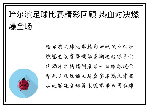 哈尔滨足球比赛精彩回顾 热血对决燃爆全场