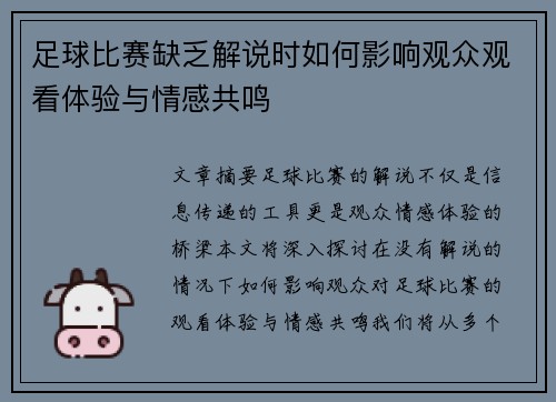 足球比赛缺乏解说时如何影响观众观看体验与情感共鸣
