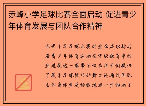 赤峰小学足球比赛全面启动 促进青少年体育发展与团队合作精神
