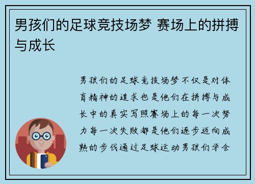 男孩们的足球竞技场梦 赛场上的拼搏与成长