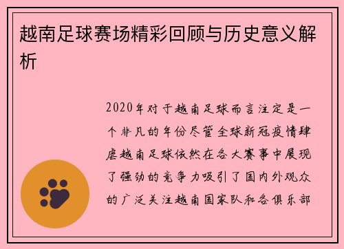 越南足球赛场精彩回顾与历史意义解析