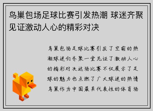 鸟巢包场足球比赛引发热潮 球迷齐聚见证激动人心的精彩对决