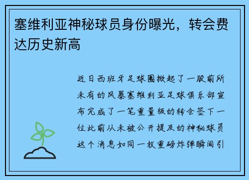塞维利亚神秘球员身份曝光，转会费达历史新高