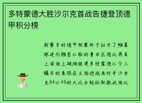 多特蒙德大胜沙尔克首战告捷登顶德甲积分榜