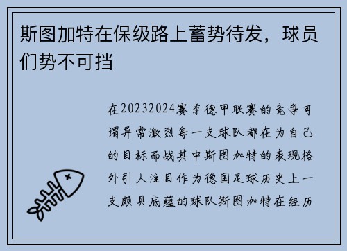 斯图加特在保级路上蓄势待发，球员们势不可挡