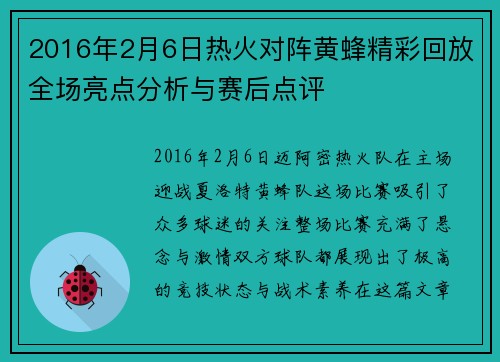 2016年2月6日热火对阵黄蜂精彩回放全场亮点分析与赛后点评