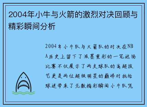 2004年小牛与火箭的激烈对决回顾与精彩瞬间分析