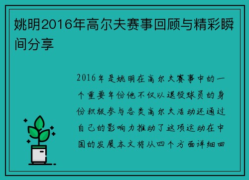 姚明2016年高尔夫赛事回顾与精彩瞬间分享