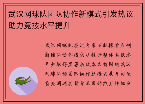 武汉网球队团队协作新模式引发热议助力竞技水平提升